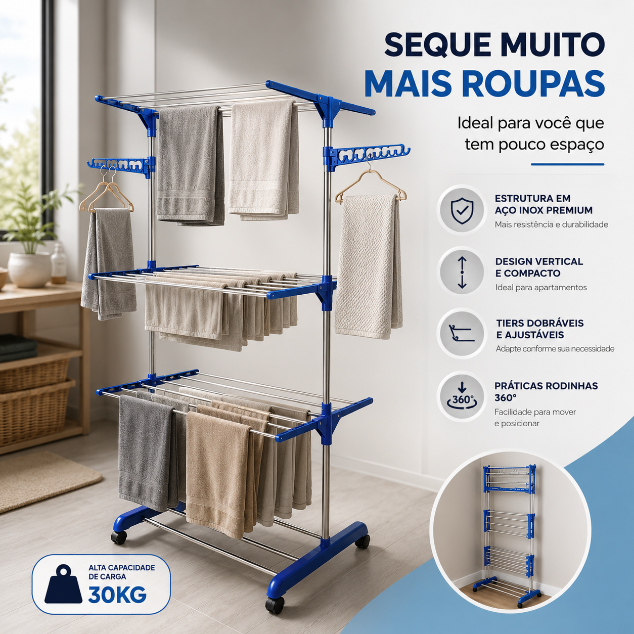 Varal Vertical 3 Andares com Rodas 360° – Seca Mais em Menos Espaço