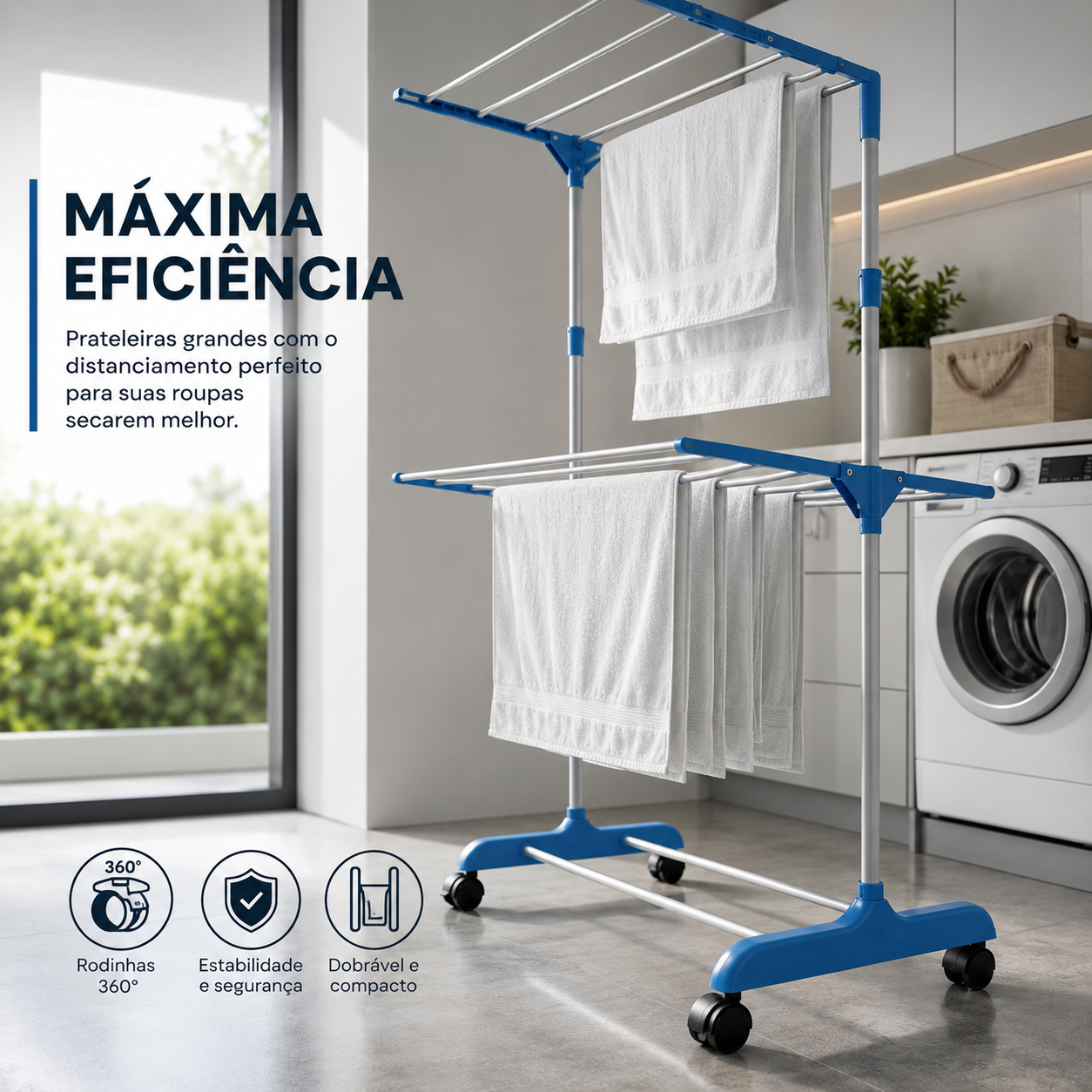 Varal Vertical 3 Andares com Rodas 360° – Seca Mais em Menos Espaço