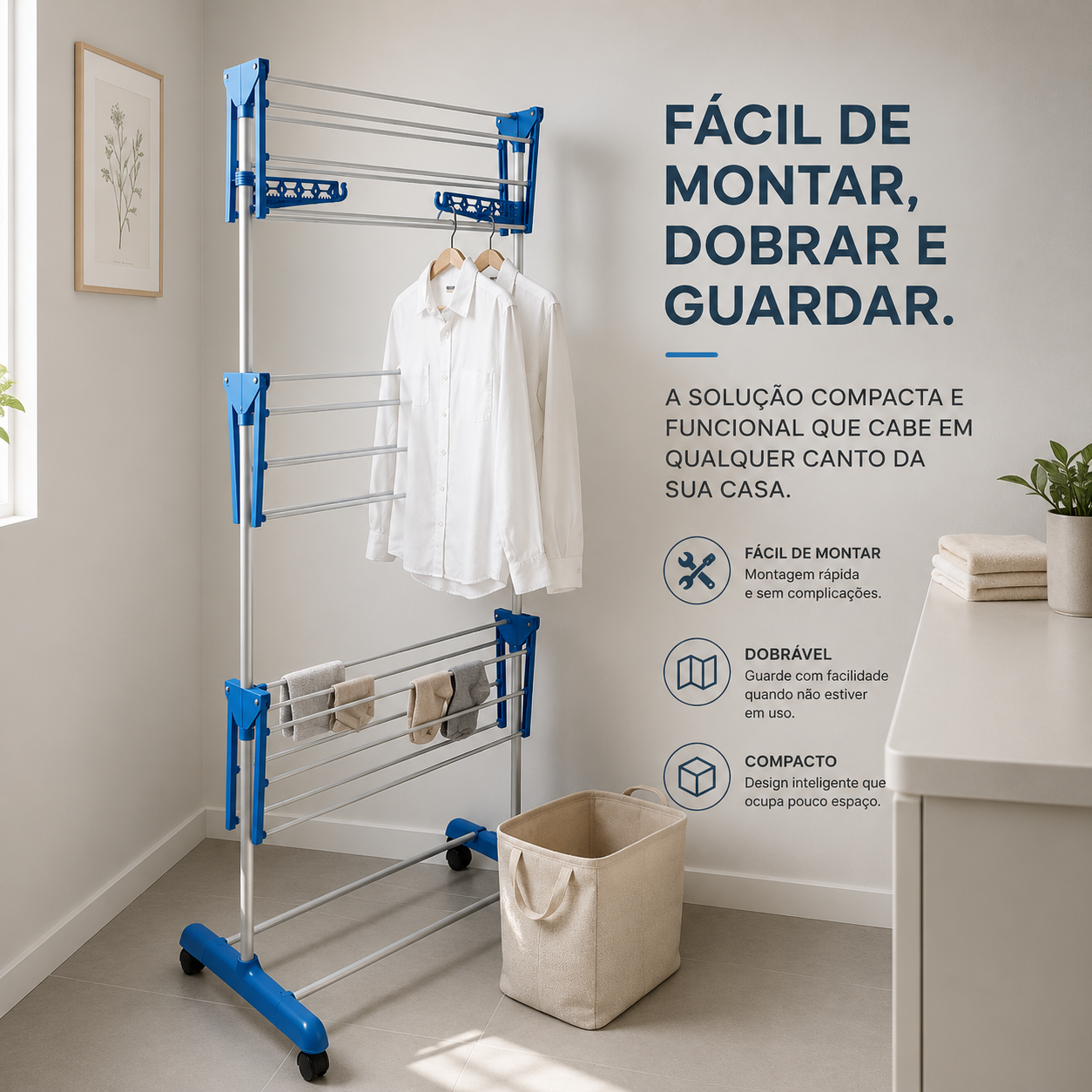 Varal Vertical 3 Andares com Rodas 360° – Seca Mais em Menos Espaço