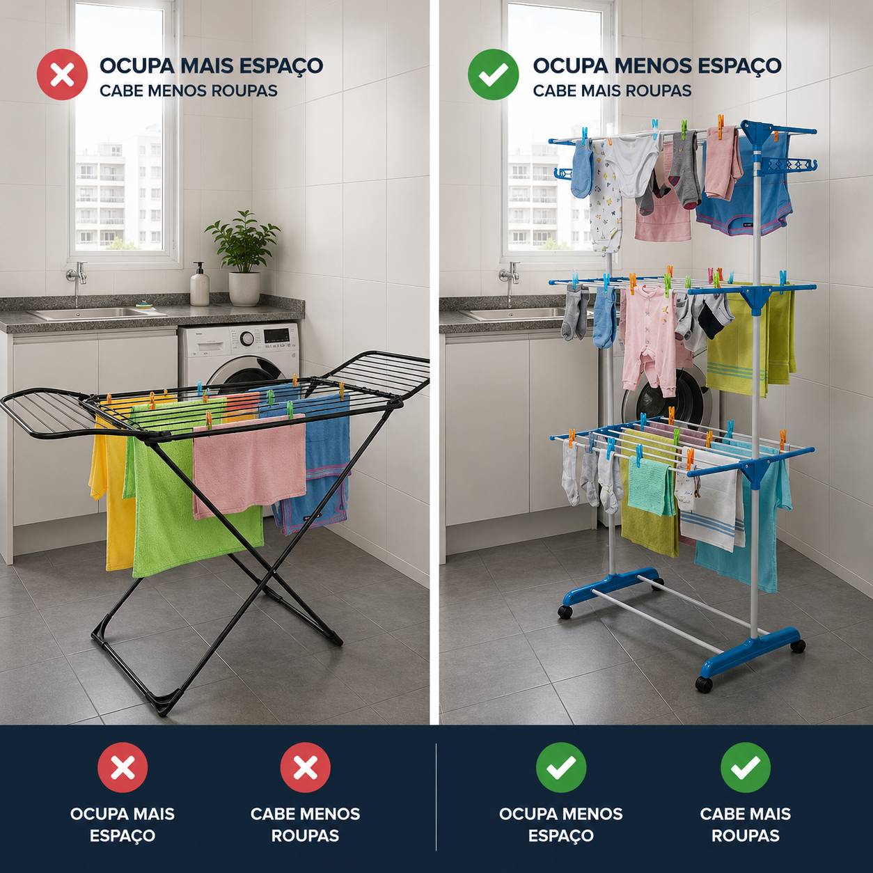 Varal Vertical 3 Andares com Rodas 360° – Seca Mais em Menos Espaço