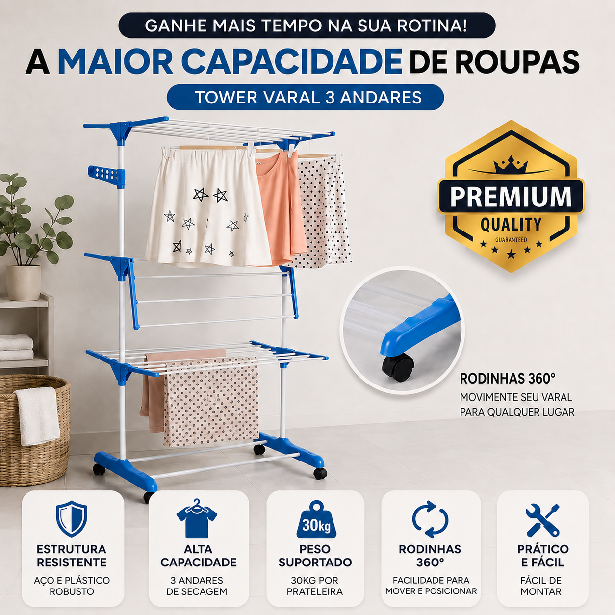 Varal Vertical 3 Andares com Rodas 360° – Seca Mais em Menos Espaço