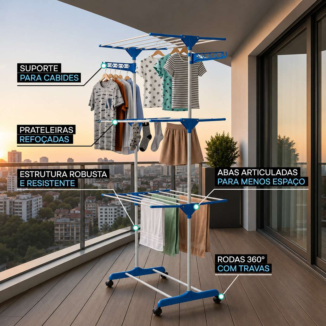 Varal Vertical 3 Andares com Rodas 360° – Seca Mais em Menos Espaço